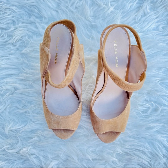 Pelle Moda Nude Neutral Tan Suede Open Peep Toe High Heel Sandal - Picture 6 of 16